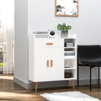 HOMCOM Meuble de rangement design scnadinave dim. 80L x 30l x 96H cm 4 niches placard 2 portes étagère tiroir coulissant bois massif panneaux particules blanc(m-2)