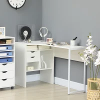HOMCOM L Shaped Desk, 120cm Computer Desk, Corner Desk with 2 Drawers and 3 Storage Compartments for Home Office, Study Workstation, White(m-2)