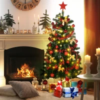 HOMCOM 5' Artificial Prelit Christmas Trees Holiday Décor with Warm White LED Lights, Auto Open, Tinsel, Ball, Star(m-10)