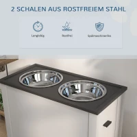 PawHut Futterstation Erhöhte Fressnäpfe 1 Stauraum 2 Edelstahl-Futternäpfe, 60 x 30 x 42cm, Weiß + Grau(m-6)