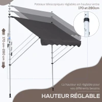 Outsunny Store banne manuel rétractable 2L x 1,5l x 1,7-2,8H m inclinaison réglable installation rapide store banne sans perçage pour balcon métal aluminium polyester gris(m-4)