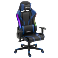 Vinsetto Bürostuhl LED Gaming Stuhl mit Armlehne, hoher Rückenlehne und Kissen ergonomischer Drehstuhl mit Liegefunktion Handlauf anhebbar Kunstleder Nylon Schwarz+Blau 70 x 57,5 x 126-136 cm(m-10)
