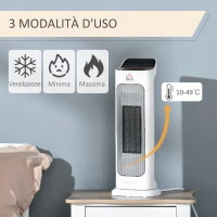 HOMCOM Stufetta Elettrica Oscillante con Telecomando, Temperatura Regolabile e Timer, Potenza 1000W/2000W, 17.6x13.7x50cm, Bianco(m-4)
