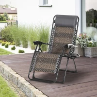 Outsunny Tumbona Plegable de Ratán con Respaldo Ajustable Reposacabezas Extraíble Portavasos y Soporte para Teléfono Jardín Terraza al Aire Libre 65x70x110 cm Gris(m-2)