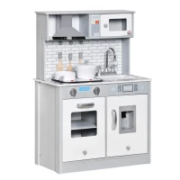 HOMCOM Cocina de Juguete de Madera para Niños de +3 Años Cocinita de Madera Infantil con Luz Sonidos Accesorios Utensilios Estufa Fregadero y Microondas 60x29x84 cm Gris(m-1)