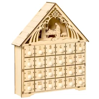 HOMCOM Calendario dell'Avvento in Legno con 24 Cassetti, Decorazione Natalizia con Presepe Intagliato e Luci, 26.6x6x30cm(m-7)