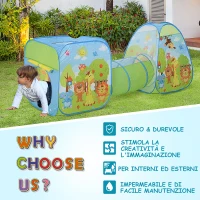 HOMCOM Tenda Gioco Colorata per Bambini 3 in 1 con Tunnel, con Sistema Pieghevole Pop-up (230cm x 74cm x 93cm)(m-7)