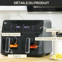 HOMCOM Friteuse à air sans huile Air Fryer double compartiment 8L 2500 W 8 programmes écran température réglable minuterie noir(m-7)