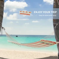 Outsunny Double Cotton Hammock Camping Swing Outdoor Garden Beach Stripe Hanging Bed with Pillow, 188 x 140 cm, 180 KG Capacity, Red(m-6)