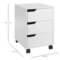 HOMCOM Cajonera de Oficina con Ruedas Mueble Archivador con 3 Cajones Cajonera para Escritorio Estudio 40x50x57,5 cm Blanco(m-3)