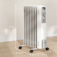 HOMCOM Radiador de Aceite Silencioso de 9 Elementos 2000W con Temperatura Ajustable Protección contra Sobrecalentamiento Blanco(m-3)