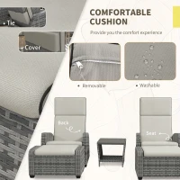 Outsunny 5-Piece Rattan Patio Reclining Chair Set with Footstools, Coffee Table, Cushions, for Outdoor Garden, Grey(m-6)