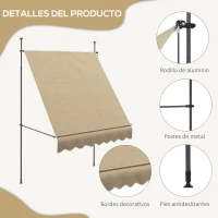 Outsunny Toldo Manual Retráctil con Manivela 200x120x210-300 cm con Altura Ajustable Impermeable y Anti-UV Beige(m-7)