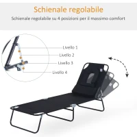 Outsunny Sdraio Pieghevole Reclinabile su 4 Livelli con Foro per Lettura e Cuscino in Tessuto Oxford e Acciaio, 187x58x36 cm, Nero(m-4)