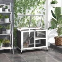 PawHut Cage à lapin clapier sur roulettes petit enclos animaux en bois massif 2 étages toit ouvrant plates-formes 91,5 x 53,3 x 73 cm gris(m-2)