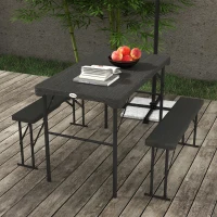 Outsunny Folding Picnic Table with 2 Benches, 3-Piece Portable Garden Furniture Set for 4, Dining Table Set with Plastic Top, Steel Frame, Dark Grey(m-2)