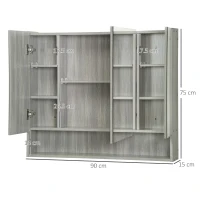 kleankin Armadietto con Specchio a 4 Sezioni con Ripiani Regolabili, in Legno e Vetro, 90x15x75 cm, Grigio(m-3)