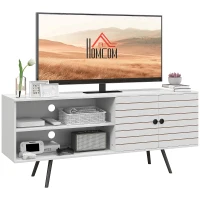 HOMCOM TV Stand with Cupboard, Open Shelves, Striped Doors, Wooden legs, White(m-1)