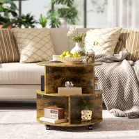 HOMCOM Round Coffee Table with Wheels, 3-Tier Rolling Side Table for Living Room with Divided Shelves, Rustic Brown(m-7)
