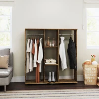 HOMCOM Open Wardrobe Double Mobile Storage Shelves Organizer W/6 Wheels-Rustic Brown(m-7)