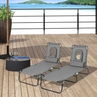 Outsunny Lot de 2 Bains de Soleil Pliable transat inclinable 4 Positions Chaise Longue de Lecture 3 Coussins fournis Gris(m-2)