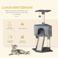 PawHut Katzenbaum, 3-Stock Kratzbaum, Katzenhöhle, Sisalsäulen, Kratzbrett, Katzenhaus, Plüsch Grau 40 x 40 x 98 cm(m-6)