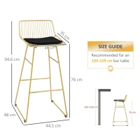 HOMCOM Conjunto de 2 Taburetes Altos de Cocina con Respaldo Cojín y Estructura de Acero Carga 120 kg para Bar Salón Dorado(m-3)