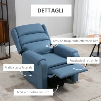 HOMCOM Poltrona Relax Alzapersona con Schienale Reclinabile a 160° e Poggiapiedi, 85x88x109cm, Blu(m-4)