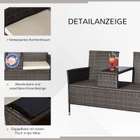 Outsunny Gartenbank Polyrattan 2-Sitzer UV-beständig Sitzbank mit Tisch Kissen Rückenlehne Gartenmöbel Parkbank bis 240kg belastbar Balkonbank für Garten Terrasse Balkon 133x63x84cm, Grau(m-5)