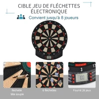 HOMCOM Cible jeu de fléchettes électronique 26 Jeu principals et 185 jeux variations cibles électroniques pour 8 joueurs 30 flechette pointe affichage LCD haut-parleur noir(m-5)