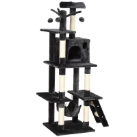 PawHut Árbol para Gatos Centro de Múltiples Actividades de Mascotas con Postes de Rascador Sisal Canasta Hamaca Hábitat Bolas Colgantes Habitación 49x49x155 cm Gris Oscuro(m-1)