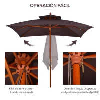 Outsunny Sombrilla de Jardín 3x3x3 m con Doble Techo Sistema de Polea Impermeable para Terraza Balcón Exterior Marrón(m-6)