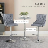 HOMCOM Bar Stools Set of 2, Modern Swivel & Adjustable Velvet Barstools with Button Tufted Back, Footrest, Nailhead Trim for Home Bar, Grey(m-4)