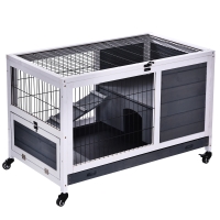 PawHut Clapier lapin intérieur, cage lapin avec toit ouvrant, roulettes, plateau amovible et rampe, cage en bois, 90 x 53 x 59 cm, gris foncé et blanc