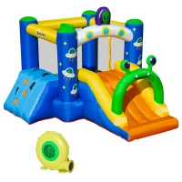 Outsunny 4 in 1 Kids Bouncy Castle Large Alien Style Inflatable House Slide Trampoline Climbing Wall Basket with Air blower Carrybag Patches for Kids Age 3-8, 3.2 x 2.4 x 2m(m-1)