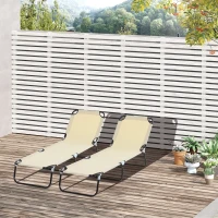 Outsunny 2 Piece Foldable Sun Loungers with 5-Position Adjustable Backrest, Outdoor Portable Recliner Chaise Lounge Chairs with Breathable Mesh Fabric, Beige(m-10)