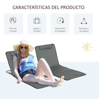 Outsunny Set de 2 Esterillas de Playa Plegables 124x53x45 cm con Respaldo Ajustable y Reposacabezas Esteras de Playa Portátil de Tela Oxford Acero con Bolsa de Transporte para Balcón Jardín Gris(m-6)