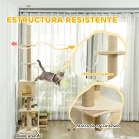 PawHut Árbol para Gatos de Suelo a Techo de 225-255 cm con Altura Ajustable Múltiples Plataformas Escalera Bola Colgante Beige(m-5)