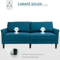 HOMCOM Canapé 3 Places Style Contemporain assises Larges Profondes accoudoirs courbés piètement effilé Bois hévéa Noir Polyester Bleu Canard(m-6)