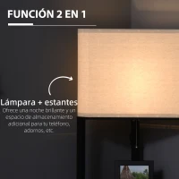 HOMCOM Lámpara de Pie con Estantes de Madera Pantalla de Tela e Interruptor de Cadena 50x37x159 cm Negro y Beige(m-4)
