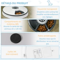 PawHut Distributeur de nourriture pour animaux de compagnie intelligent gamelle d'alimentation mangeoire automatique pour chien et chat 6 compartiments fonction de musique minuterie blanc gris(m-7)