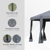 Outsunny 3.8m x 3.2m Pop Up Gazebo Hexagonal Canopy Tent Outdoor Sun Protection with 6 Mesh Sidewalls, Hand Bag, Grey(m-5)