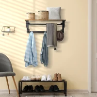 HOMCOM Estantería de Pared Balda Flotante con 5 Ganchos y 1 Barra para Colgar 66x30x27 cm Natural y Negro(m-6)