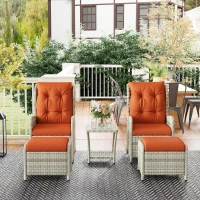 Outsunny 5 Pieces Rattan Bistro Set with Adjustable Back, Reclining Wicker Balcony Furniture with Cushions, Glass Top Coffee Table and Footstools, Outdoor Table and Chairs, Orange(m-9)
