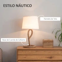 HOMCOM Lámpara de Mesa de Estilo Marinero con Base de Metal y Cuerda de Cáñamo Pantalla de Tela Portalámpara E27 de Máx. 40W para Salón Dormitorio Ø30x56 cm Beige(m-4)