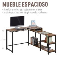 HOMCOM Mesa de Ordenador en Forma de L Escritorio de Oficina Diseño de Esquina con Múltiples Estantes Gran Superficie de Melamina Marco Metálico 130x130x78 cm Nogal(m-4)