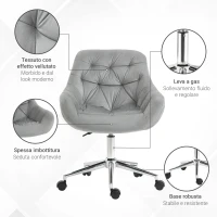 Vinsetto Sedia da Ufficio Ergonomica Girevole con Altezza Regolabile e Ruote, Rivestimento in Velluto, 59x58x80-90cm, Grigio(m-6)