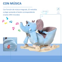 HOMCOM Caballito Balancín con Ruedas Forma de Elefante Caballo Balancín para Bebés de +18 Meses con Músicas 60x35x45 cm Azul(m-4)