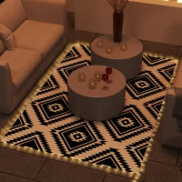 Outsunny Plastic Straw Reversible RV Outdoor Rug with LED String Light, 182 x 274cm, Black and White(m-2)