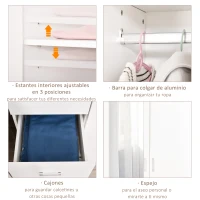 HOMCOM Armario Ropero de 2 Puertas con Espejo 3 Cajones Estantes Ajustables y Barra para Colgar Incluida 80x50x180 cm Blanco(m-5)